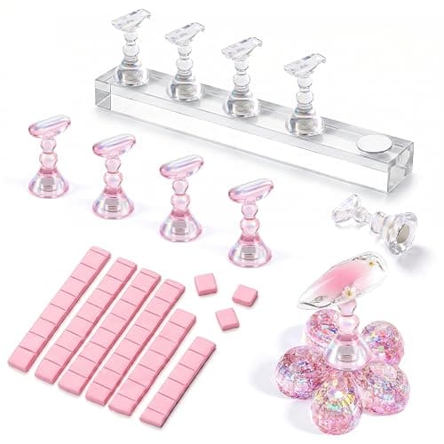 Makartt Nail Stand Kit: Magnetic Nail Holder for Press-On Nail Art Painting | Fake Nail Display Holder, Portable for Home DIY Beginner Salon Supplies, Reusable Putty Included, Aurora Pink & Clear Holders - Image 1
