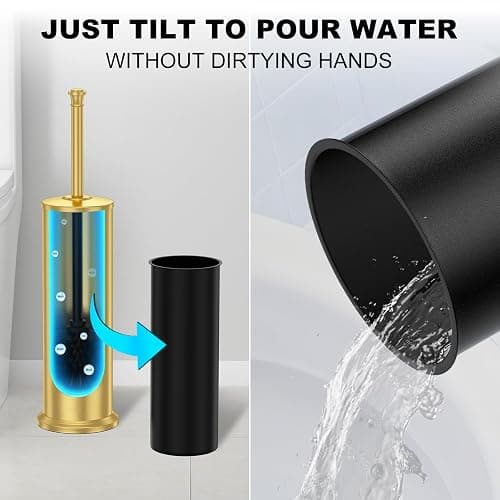 Brass Toilet Brush and Holder，Long Handled Gold Toilet Brush for Bathroom，Stainless Steel Heavy Duty Toilet Bowl Brush,Removable Inner Bowl,Deep Cleaning Dense Bristles Cleaner Brush -Space Saving thumbnail 6