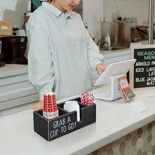 Cheeorry Coffee Station Organizer for Countertop, Cup and Lid Holder for Cup Lid Sleeve Pods Condiment, Wooden Disposable Cup Dispenser Holder for Coffee Bar Accessories Organizer and Storage thumbnail 5