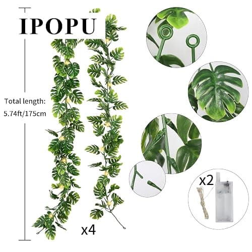 IPOPU 4PCS Artificial Monstera Leaf Ivy Vines with Light Strings, 5.7FT Faux Tropical Palm Leaf Garland Fake Monstera Hanging Greenery Plant for Garden Jungle Hawaiian Party Porch Patio Outdoor Decor thumbnail 3