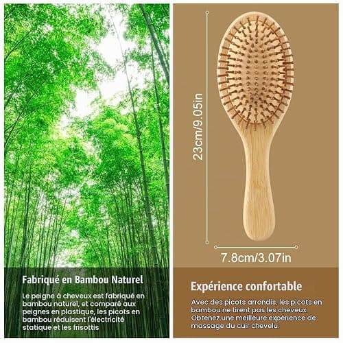 Brosse bambou cheveux,brosse cheveux bois,antistatique, pour hommes, femmes et enfants, pour cheveux longs et épais et pour cheveux lisses et bouclés, design anti-frisottis(rond) thumbnail 2