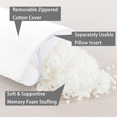 WhatsBedding Memory Foam Body Pillow with Breathable Zippered Cotton Cover, Full Body Pillow for Adults, Long Pillow for Sleeping, Firm Pillow Fluffy Supportive, Pure White thumbnail 3