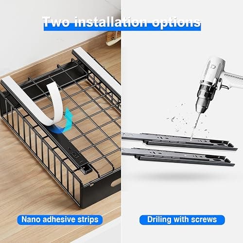 Mustorn 2 Pack Pull Out Cabinet Organizer, Slide Out Drawers for Cabinets, Peel and Stick, Heavy Duty Shelves for Kitchen, Cupboard, Pantry, Bathroom (16.5"D*11.8"W*3.94"H-Black) thumbnail 5
