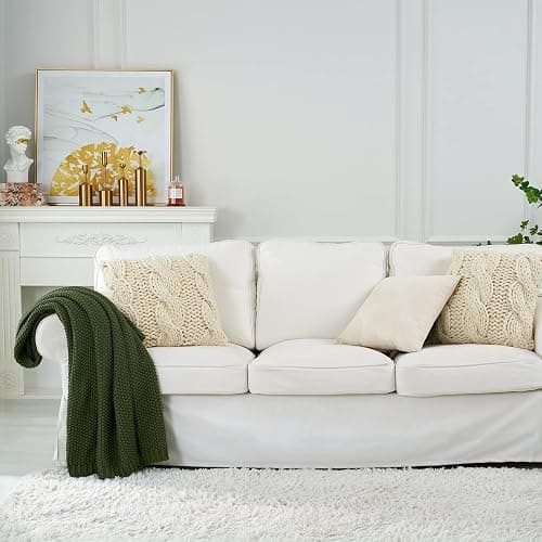 Longhui bedding Chunky Cable Knit Throw Blanket Lightweight Olive Green 100% Organic Cotton Blanket for Sofa Couch Bed Baby Nursery, Rustic Shabby Chic Modern Farmhouse, 51” x 63” Give Laundering Bag thumbnail 2