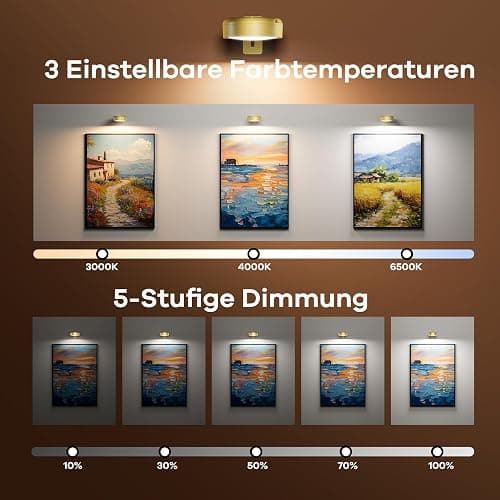 3 Stück Bilderleuchte Kabellos mit Fernbedienung, 2000mAh USB Aufladbar LED Dimmbar Bildbeleuchtung Kabellos, Magnetisch Wandlampe mit 3 Farbtemperaturen & Timer für Bilder GemäLde Kunst Wand (Gold) thumbnail 2