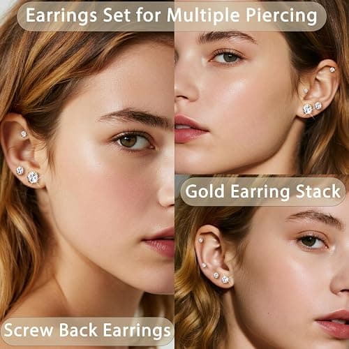 7 Pairs 18G 20G Flat Back Stud Earrings, Hypoallergenic Surgical Steel Set | 14K Gold Plated with Bonus Plum Blossom Screw Backs, CZ Sizes 2-8mm for Multiple Piercings, Sensitive Ears & Daily Wear thumbnail 6