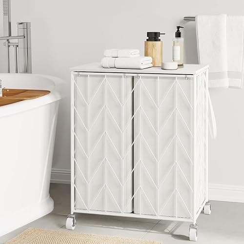 WOWLIVE Laundry Basket with Wheels, Heavy Duty Laundry Hamper with Wood Lid, Clothes Hamper with Divided Removable Liner Bag, Large Capacity Iron-Made Laundry Sorter Laundry Room Organization (White) thumbnail 2