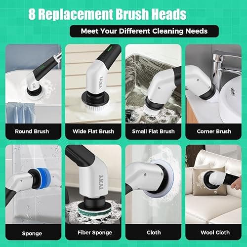 YKYI Electric Spin Scrubber, Cordless Power Scrubber Cleaning Tool with 8 Replaceable Heads and Extension Handle for Bathroom, Tub, Tile, Floor, Grout and Car (White) thumbnail 6
