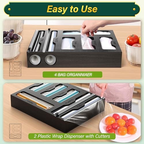 KOCWELL Bag Organizer & Plastic Wrap Dispenser with Cutter, 6 In 1 Bamboo Foil & Plastic Wrap Organizer for Kitchen, Food Storage Bag Organizer thumbnail 4