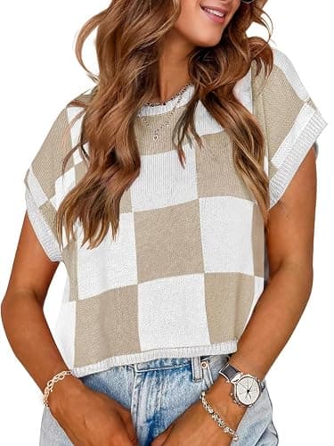 WIFFGO Womens Spring Crop Tops 2026 Summer Cap Short Sleeve Sweater Vest Loose Shirts Cute Trendy Top Vacation Outfits - Image 1