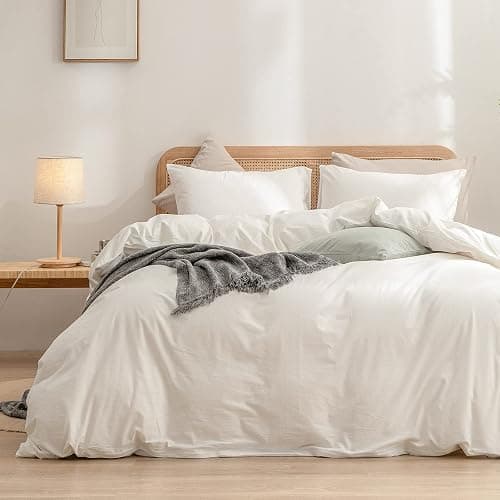BESTOUCH Duvet Cover Set 100% Washed Cotton Linen Feel Super Soft Comfortable Chic Lightweight 3 PCs Home Bedding Set Solid Off White Queen - Image 1