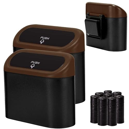 Ginsco 2 Pack Mini Car Trash Can with Lid, Small Car Garbage Can, Cute Leakproof ABS Car Trash Bin, Car Accessories for Interior, Garbage Bin for Car, Home, Office with 120pcs Trash Bags Black/Brown - Image 1