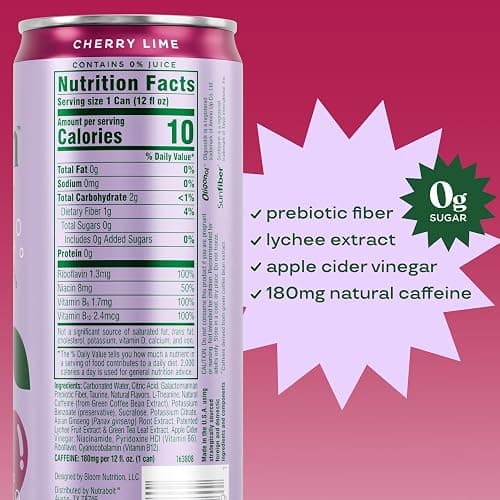 Bloom Nutrition Sparkling Energy Drink - Natural Caffeine, Zero Sugar, 180mg Caffeine - Antioxidant-Rich w/Green Coffee Bean, Green Tea Extract, Prebiotics - Cherry Lime - 12oz 12 pk thumbnail 3