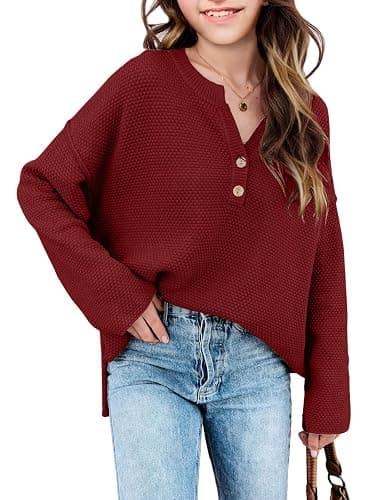 Girls Winter Sweaters 2025 Fashion Teen Tops Henley Kids V Neck Long Sleeve Loose Shirts Fall Warm Clothes - Image 1