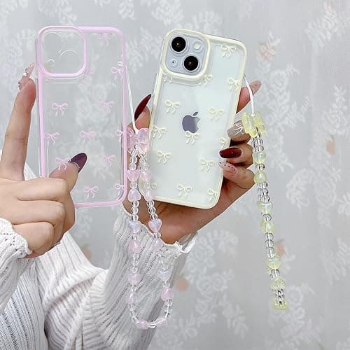 RRFNNF Cute Bowknot Case for iPhone 12, Ribbon Bow Case with Bling Bracelet Chain, Clear Aesthetic Stylish Slim Soft Durable Pretty TPU Protective Cover for Women Girls, Purple thumbnail 2