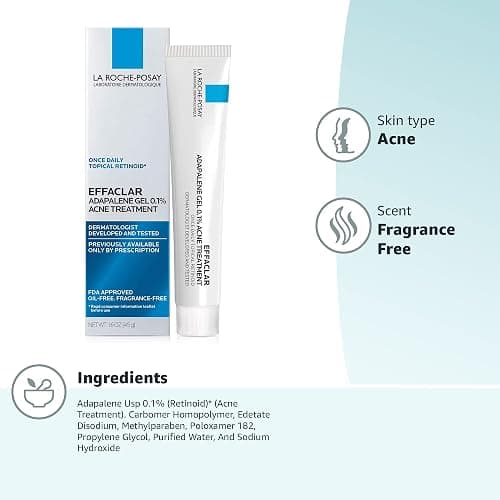 La Roche-Posay Effaclar Adapalene Gel 0.1% Acne Treatment, 1.6oz | Retinoid cream acne medication gel for blackheads and whiteheads. Oil free formula helps clear blemishes and clogged pores. thumbnail 10