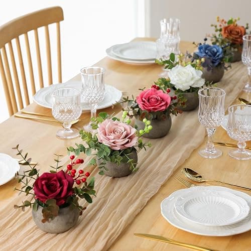 mizii DIY Small Artificial Flowers Potted Kit Fake Flower Realistic Silk Rose and Greenery with Vase for Gifts Table Centerpiece Mantle Office Desk Shelves Living Room Decorations (Pink) thumbnail 5