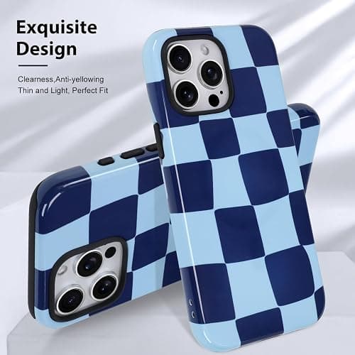 KANGHAR Compatible with iPhone 15 Pro Max Case, Aesthetic Checkered Cute Pattern, Support for MagSafe Shockproof Cover for Girls Women -Blue thumbnail 3