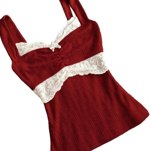 Women's Lace Trim Cami Tops Cable Knit Fairy Grunge Camisole Top Coquette Aesthetic Clothes thumbnail 2