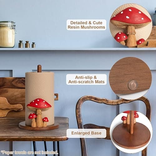 Mushroom Paper Towel Holder - Cottagecore Decor Mushroom Kitchen Home Cottagecore Accessories Cute Stuff, Unique Wood Paper Towel Holder Stand Kitchen Countertop 12.5×7 in thumbnail 4