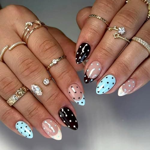 24PCS Soft Gel Press On Nails Almond Polka Dot Nude Blue Black Glossy, Reusable Glue On Fake Nails Acrylic Look False Nails for Women - Image 1