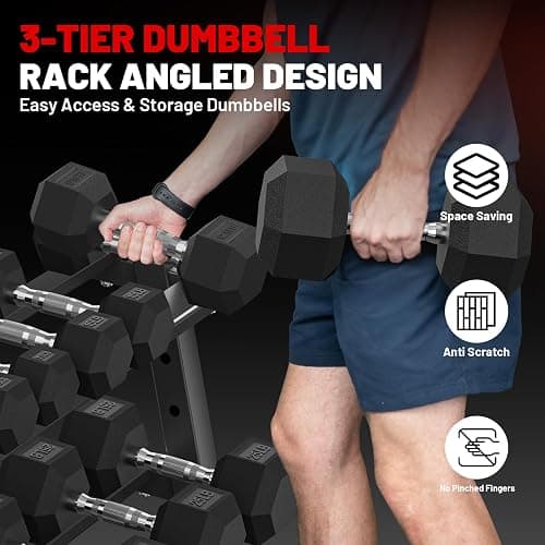 PAPABABE Hex Dumbbell Set with Rack, Rubber Encased Free Weight with Weight Storage Racks, Multiple Weight Options for Home Gym and Fitness thumbnail 7