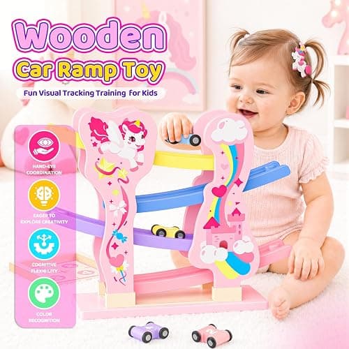 Toyzey Wooden Toys Cars Ramp Race Tracks, Unicorn Gifts for Girls Age 1 2 3 Year Olds Girl for 1 2 3 Year Olds Toddler Toy Age 1 2 Montessori Toys for 1 Year Old Birthday Gifts Baby Toy Pink thumbnail 3