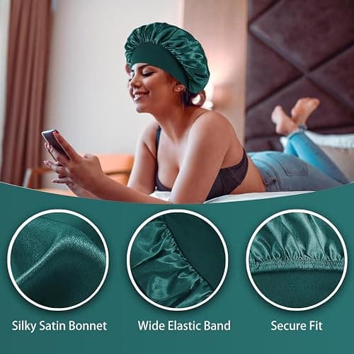 4PCS Silk Satin Bonnets for Black Women & Men - Elastic Wide Band Hair Wrap Cap for Curly Hair - Shower Cap for Sleeping (Black, Peacock Blue, Pink, Khaki) thumbnail 7