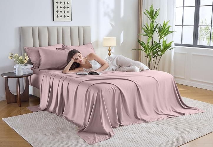 Pure Bamboo Queen Sheets, Genuine 100% Organic Viscose Derived from Bamboo Bed Sheet Set, Luxuriously Soft & Cooling, Double Stitching, 2 Year Quality Promise (Queen, Dusty Pink) thumbnail 2