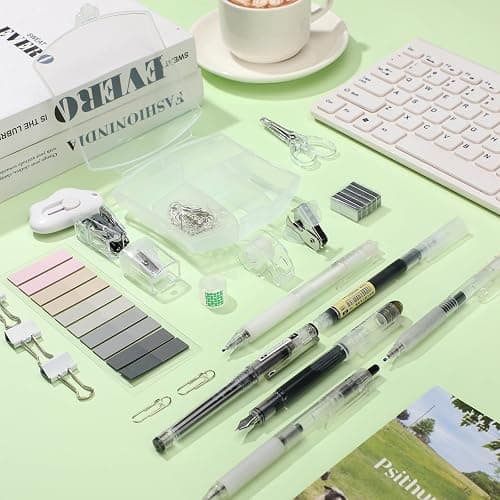Colarr Mini Office Supply Kit Includes Stapler Tape Dispenser Staple Remover Paper Clips Scissor Staples Pen Sharpener Note Small Telescopic Knife for Office and School Clerk Student (Clear) - Clear thumbnail 2