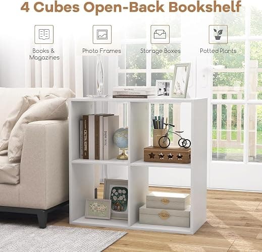 POWERSTONE 4 Cube Storage Organizer, 2 Tier Cubby Bookshelf, White | Freestanding Bookcase w/Back Guardrail, Open Back Display Rack for Living Room, Bedroom, Study thumbnail 4