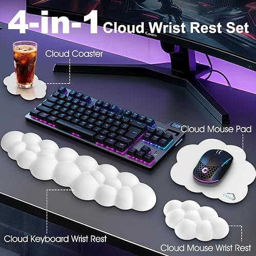 Retuhapy Cloud Wrist Rest Keyboard Cushion, 4-in-1 Ergonomic Cloud Keyboard Wrist Rest and Mouse Pad Set with Memory Foam Arm Support for Palm, Cute Desk Accessory for PC Gaming Setup, White thumbnail 3