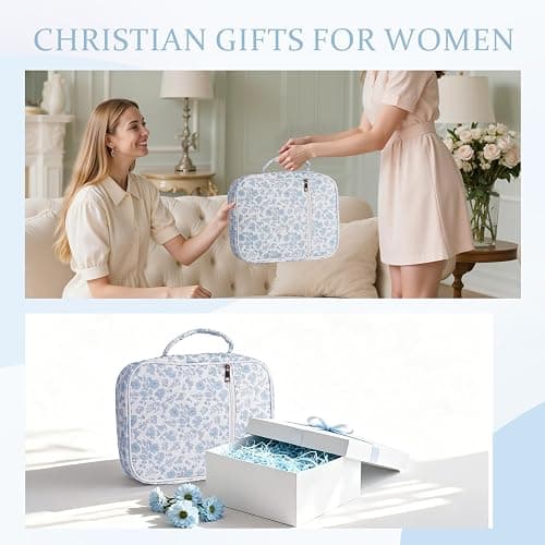 Bible Cover Case for Women, Large Quilted Bible Carrying Case with Handles, Bible Study Supplies & Accessories Christian Gifts for Women(Blue Flower) thumbnail 6