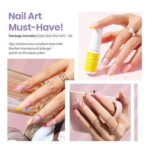 Beetles French Tip Gel Liner Nail Polish Set- 20 Colors Nail Art Polish Brown Glitter Pink Blue White Red Purple Swirl Gel Nails Polish Nails Art Painted Build in Thin Brush Manicure Gifts for Women thumbnail 3
