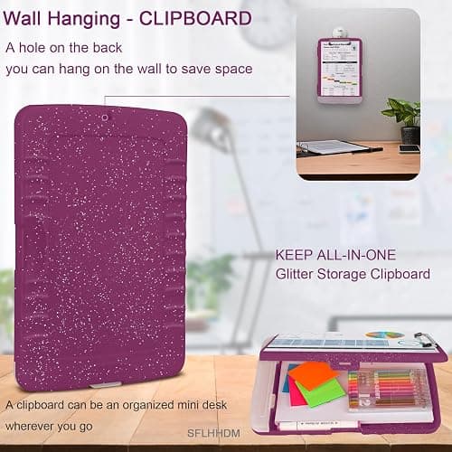 Glitter Clipboard with Storage,Storage Clipboard with Pen Holder,A4 Binder Clip Boards 8.5x11 with Low Profile Clip,Side Opening Sparkle Clipboards,Clipboards Folder for Office Supplies-Purple Alfalfa thumbnail 6