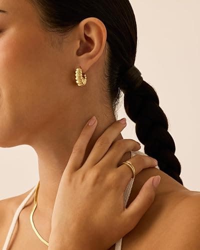 PAVOI 14K Gold Plated Ribbed Hoop Earrings for Women, Chunky Ridged Earring | Chunky Ridge Statement Earrings - Boho Puffy Croissant Huggie Hoops Trendy Gold Jewelry thumbnail 5
