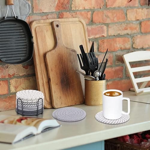 Mckanti 8 Pcs Drink Coasters with Holder, 4 Colors Absorbent Coasters, Minimalist Cotton Woven Coaster Set for Living Room Decor, Tabletop Protection Suitable for Kinds of Cups, 4.3 Inches thumbnail 2