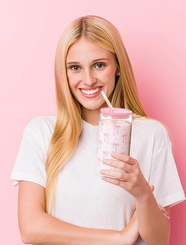 Pecfamly Aesthetic Cute Preppy Pink Bow Trendy Teen Girl Stuff Birthday Gifts for Teen Girls, Clear Reusable Iced Coffee Matcha Boba Tea Smoothie Patron Reusable Glass Cups Tumbler with Lid and Straw thumbnail 5
