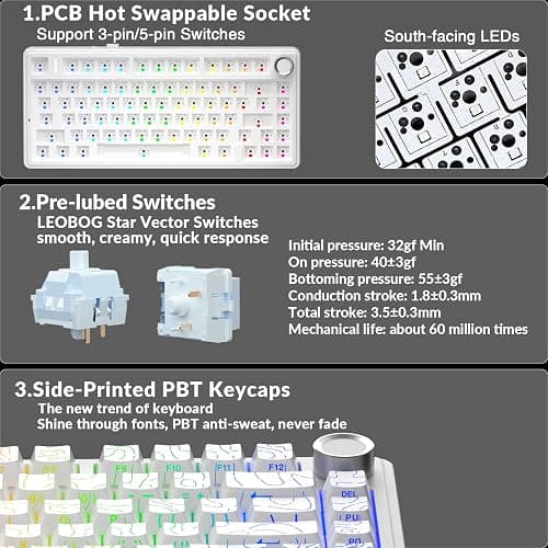 AULA F75 Pro Wireless Mechanical Keyboard with Knob,75% Hot Swappable Custom Gaming Keyboards,RGB Backlit,Pre-lubed Switches,Side Printed PBT Keycaps Creamy Sounding Computer Keyboard, Line White thumbnail 4