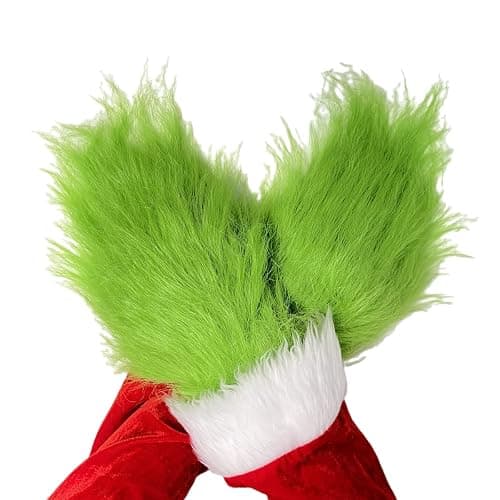 Hefnoya Green Furry Plush Gloves Adults and Kids, Christmas Santa Cosplay Costume Mask Props Green Hands Gloves thumbnail 4