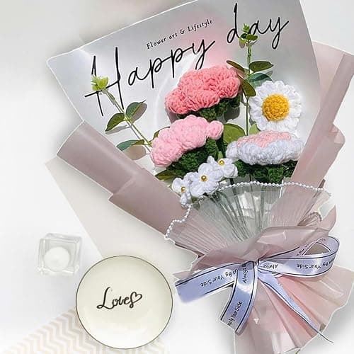 Tokatan Completed PinkGi Crochet Flowers Bouquet, Handmade Knitted Bouquet, Crochet Artificial Flowers for Mother's Day Birthday, Wedding Home Decor, Gifts for Mom (Pink Crochet) thumbnail 4