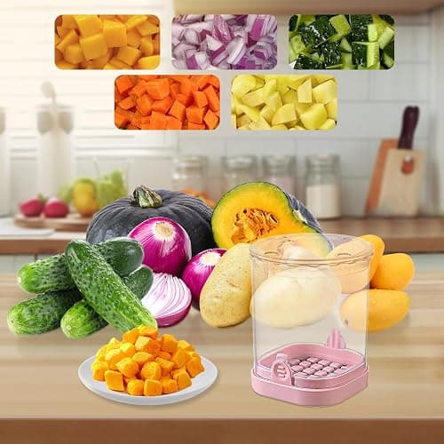 Fruit Chopper Cup - Fruit dicer - Vegetable Chopper - Fruit and Vegetable Speed Chopper with Push Plate - Detachable Fruit Cutter - Kitchen Gadgets - Home Essentials (Pink) thumbnail 2