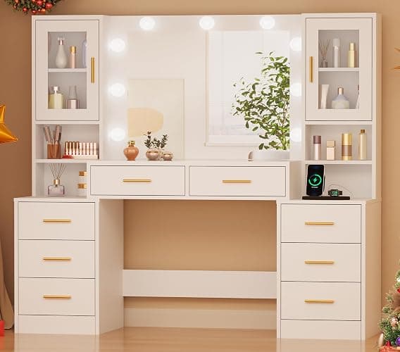 BEWISHOME Makeup Vanity Desk with Mirror and Lights,55.12" Large Vanity Table with Glass Top,White Makeup Desk with Power Outlet 8 Drawers,Dressing Table for Bedroom Women Girls Modern FST37W thumbnail 9