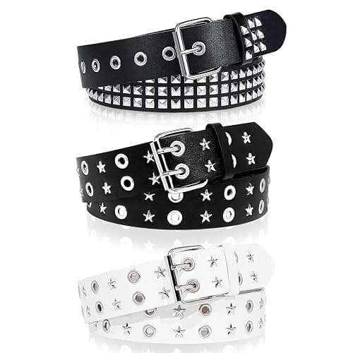 WQYILEAER 3 Pcs Black Studded Belt, Y2K Belt Star Goth EMO Punk Rock Double Grommet with Bright Pyramid Studded for Women Men (Studded Grommet) - Image 1