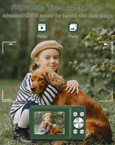 Digital Camera for Kids, FHD 1080P 44MP Point and Shoot Digital Camera with Face Detect, Smile Capture, 16X Zoom, 20 Filters, Anti Shake, 32GB SD Card Green Compact Vintage Camera thumbnail 2