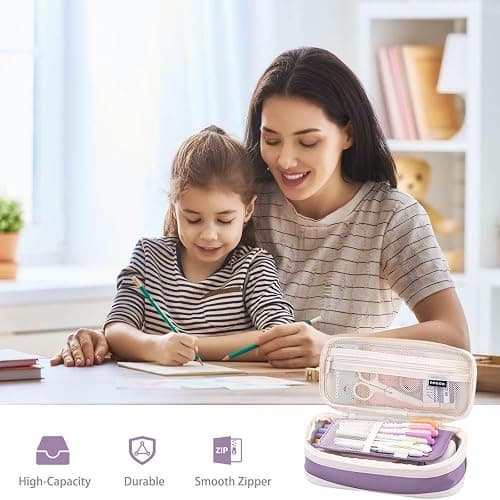Large Capacity Pencil Case Organizer,Big Pencil Pouch with Zipper Compartments,Cute Pencil Case Aesthetic Pen Pouch Bag for Office Art (Purple) thumbnail 3
