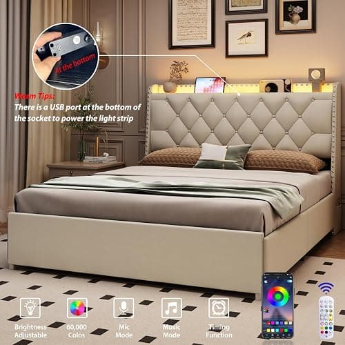 Queen Size Bed Frame with 4 Drawers and Storage Headboard, Upholstered Button Tufted Platform Bed Queen with Led Lights and Charging Station, No Box Spring Needed, Easy Assembly, Noise Free, Beige thumbnail 5
