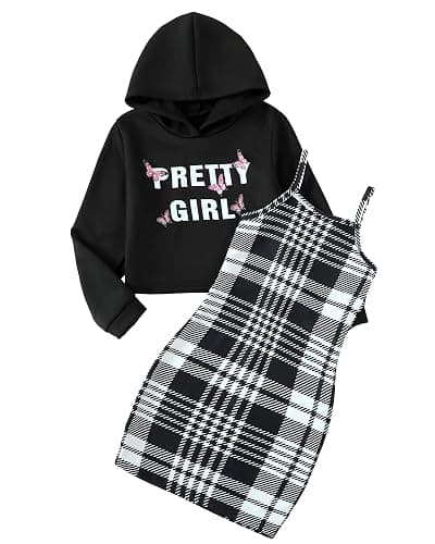 YOURUIKEY Girls 2 Piece Outfits Cami Dresses Hoodie Clothing Set Plaid Bodycon Dress Crop Top Sweatshirt Fall Winter Clothes - Image 1