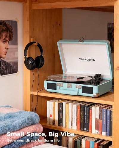 Bluetooth Suitcase Record Player with Built‑in Speakers, Bass & Treble Control, 3‑Speed Belt‑Drive Turntable with Auto‑Stop, RCA & AUX Output, Portable Vinyl Player for 33 45 78RPM LPs thumbnail 10