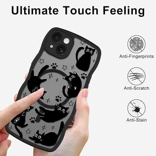 Heaofei Cute Wavy Case for iPhone 14 Case with Black Cats Pattern | Compatible with MagSafe, Cat Print Design for Women Girls, Drop Proof Animal Magnetic Protective Phone Cover thumbnail 6